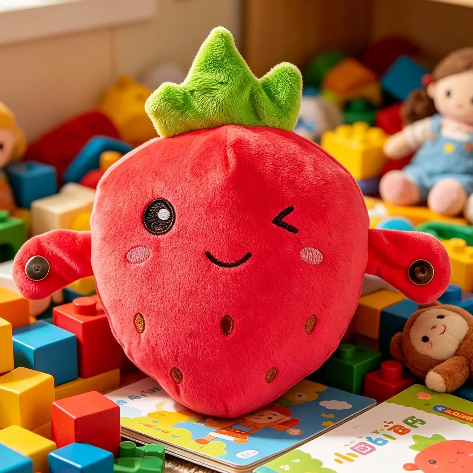 Strawberry Plush Cuddle Educational Sensory Interactive Doll Fruit-themed Music Doll for Education Kids Girls Boys Indoor Home