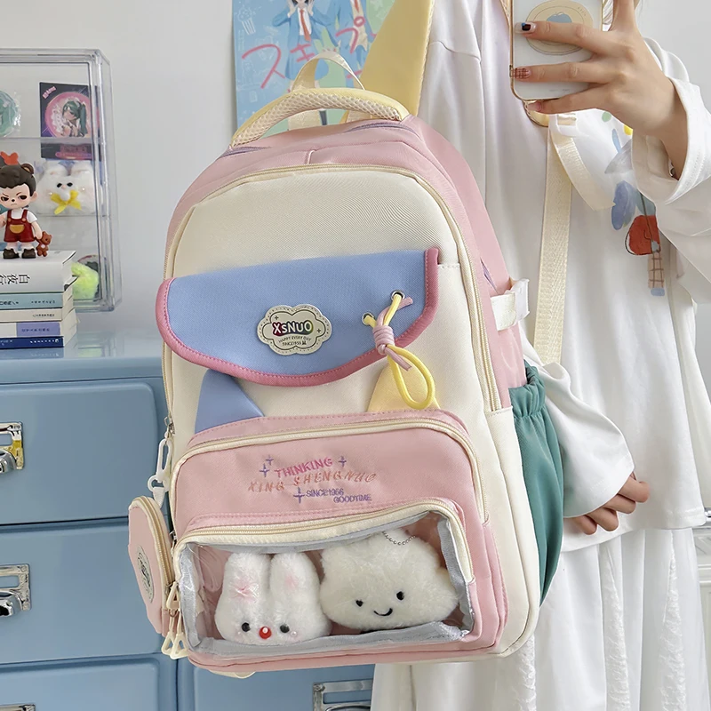 Cute Color Block Backpack with Transparent Pocket Detachable Coin Purse Anime Merch Display School Bag for Teen Girls Daily Bag