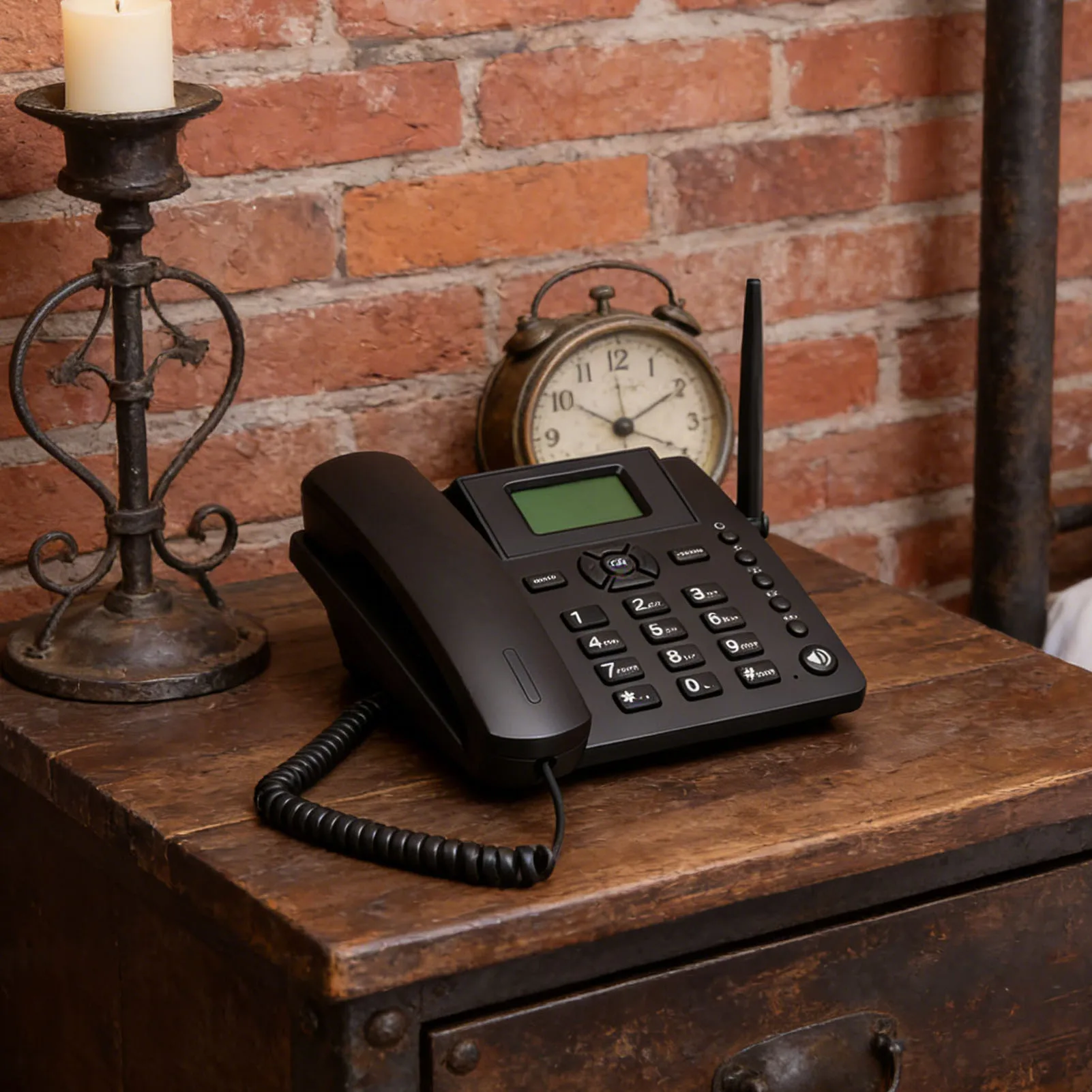 Wireless GSM Desk Telephone Quadband Dual SIM Card 2G Fixed Cordless Phone with Antenna Radio Alarm Clock for Home Call Center