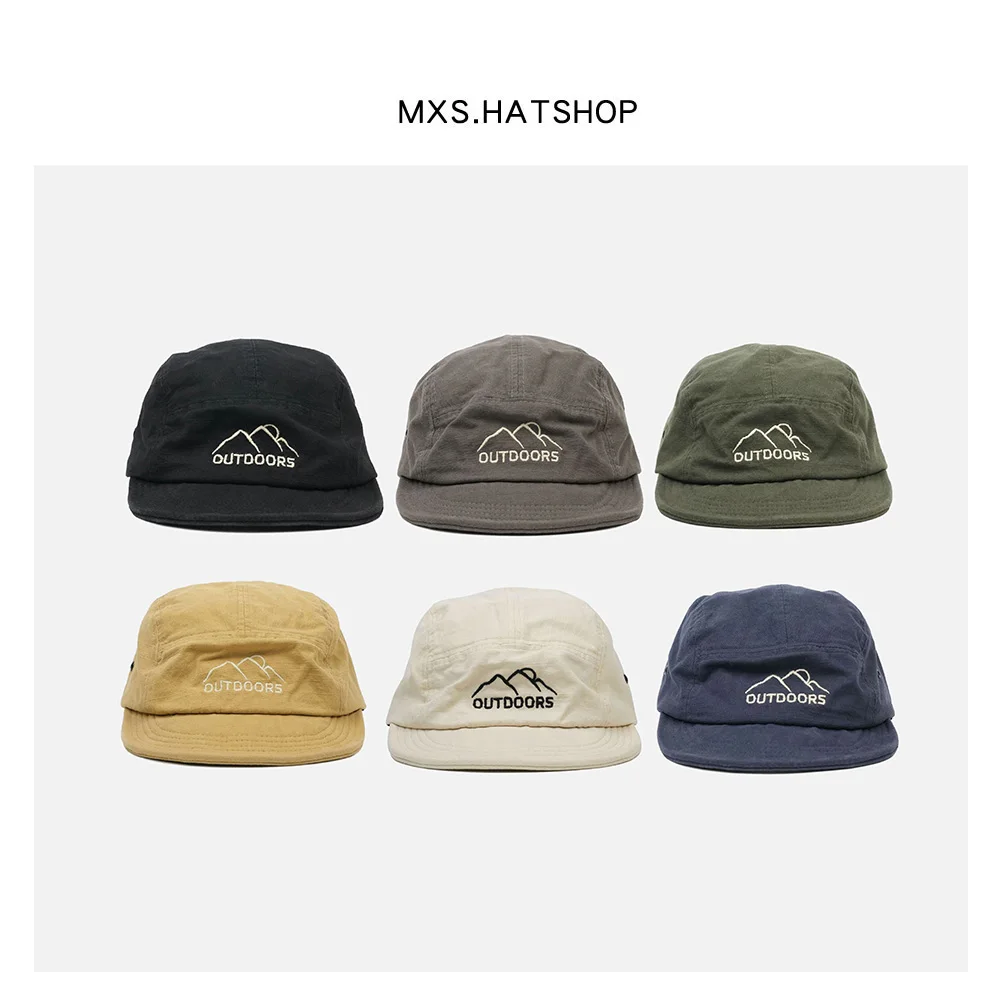 Style Short Brim Peaked Cap Men and Women All-Matching Retro Soft Top Snap-Brim Hat Mountain Embroidery Five-Piece Hat Fashion