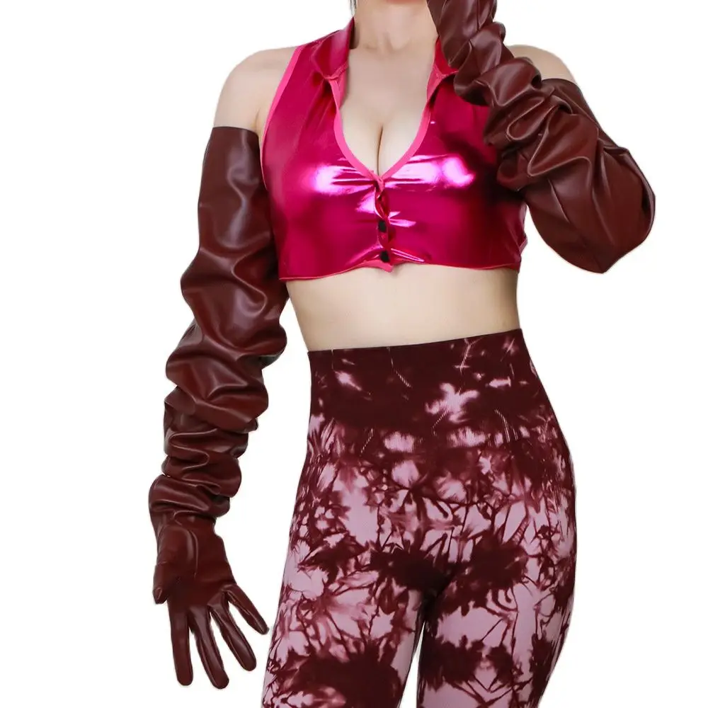 

Темно-винно-красные удлиненные женские перчатки из искусственной овчины 70 см, модная женская ручная одежда из искусственной кожи