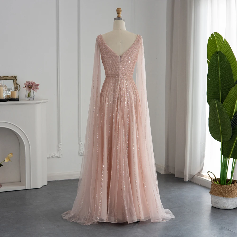 Sharon Said Luxuriöse Champagner-Abendkleider mit Cape-Ärmeln, Arabisches Grün-Nude Ballkleid für Damen, Hochzeitsfeier SS322 Maßanfertigung – Detail 25