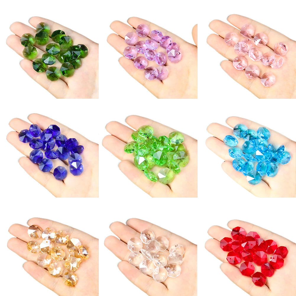 50pcs 14mm 2 Löcher Kristall achteckige Perlen Prismen Kronleuchter Teile Anhänger Glas lose Perlen Vorhang DIY Schmuck Hochzeits dekor