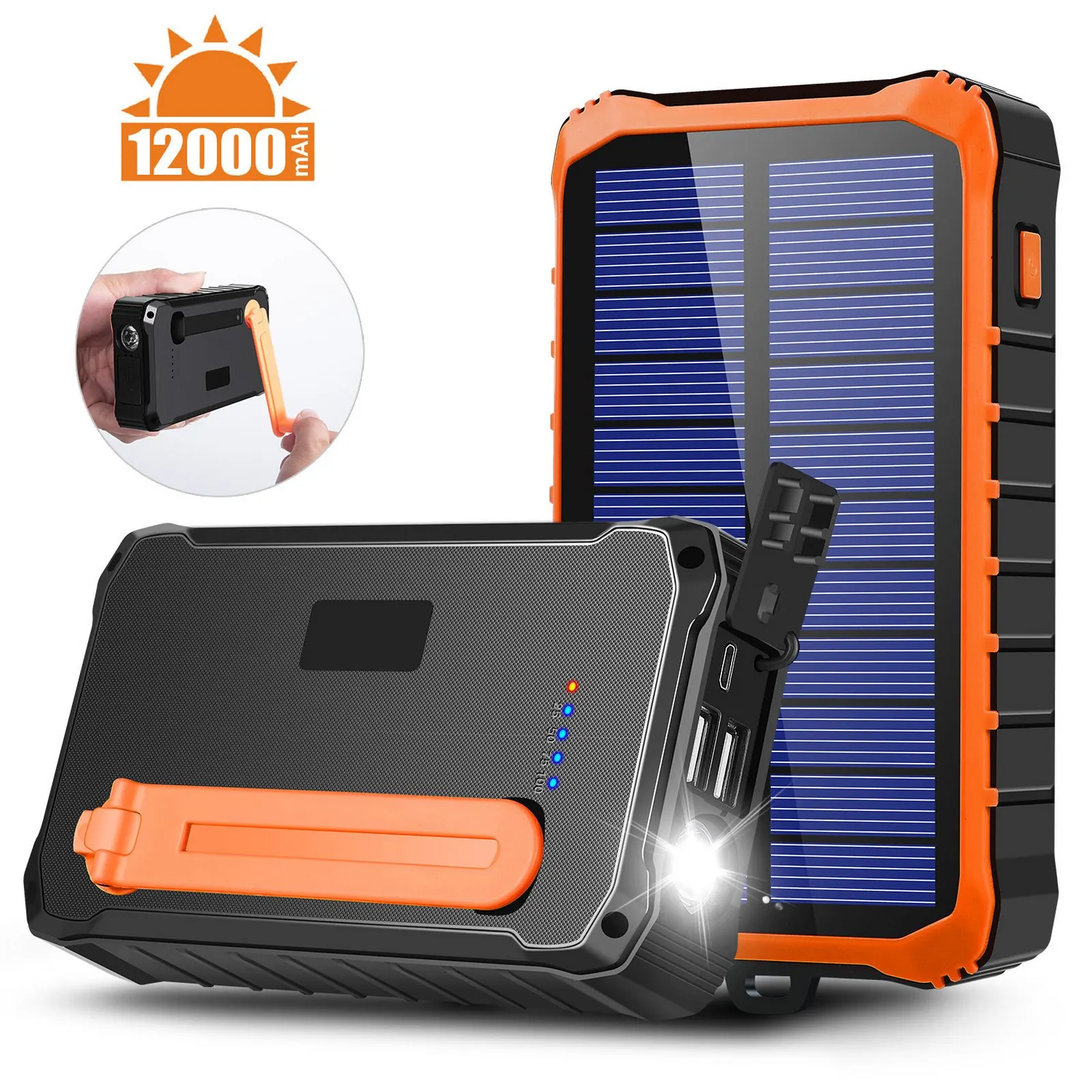 12000mAh Hand Crank Solar Power Bank Charger Portable Solar Charger Powerbank LED Flashlight Outdoor Emergency Light Tools