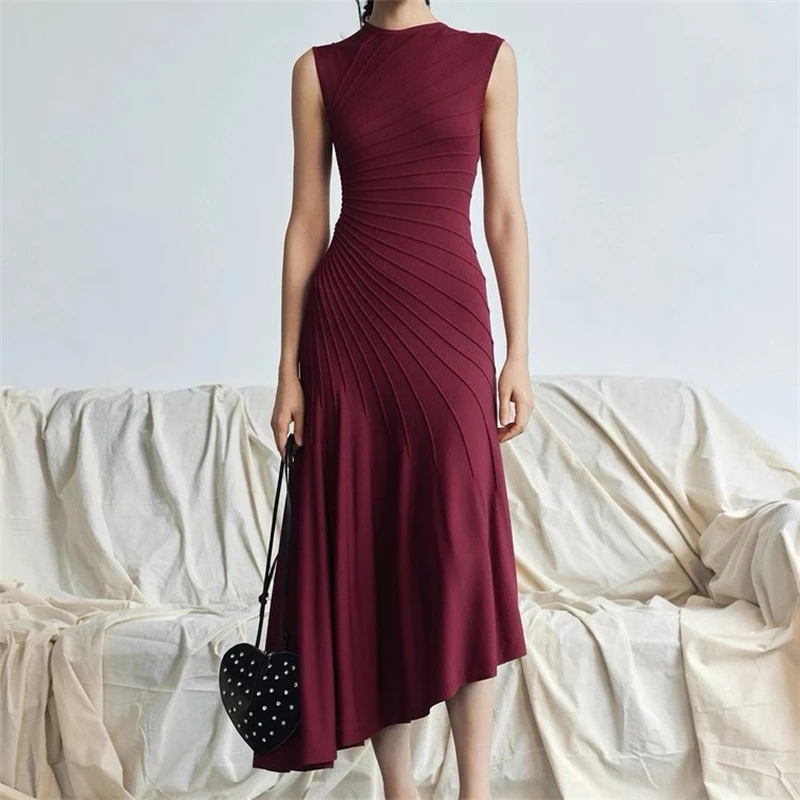 Spring New Women's Round Neck Irregular Striped Sleeveless Knit Dress - High Quality Fashionable Elegant, Elastic Slim Fit Dress