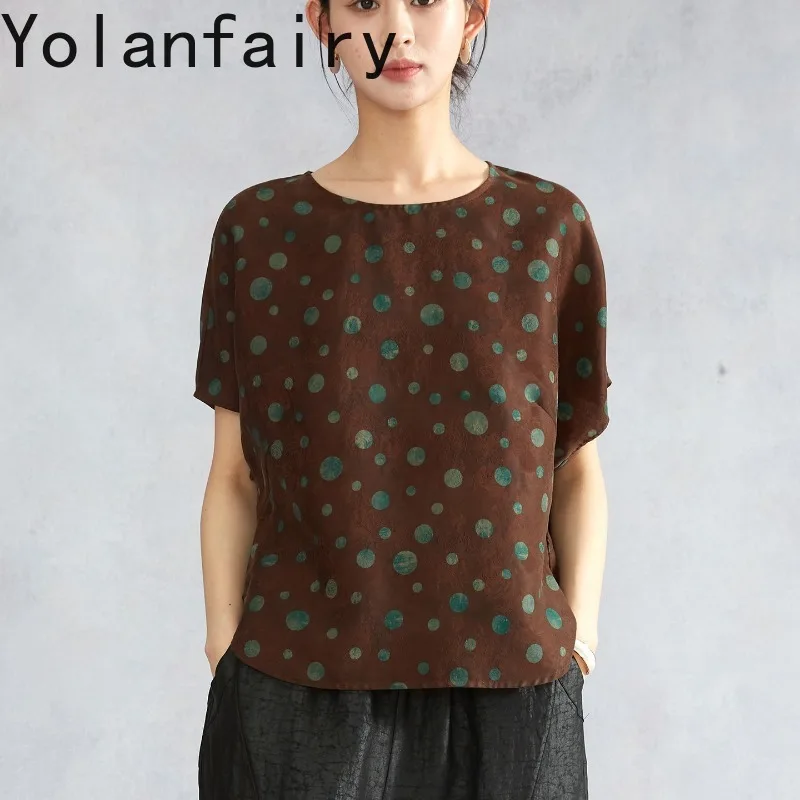 YOLANFAIRY Heavy Weight 100% Mulberry Silk T Shirts Woman Bat Sleeve Blouse Fashion Polka Dot Silk Top Elgant Shirts and Blouses