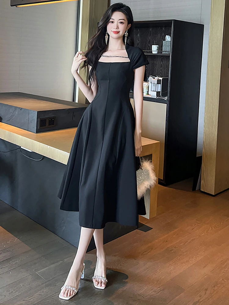 DEAT 2024 Summer Women\'s Fashion Square Collar Short Sleeve Dress New Pleated High Waist Solid Elegant Female Dresses 13DB3811