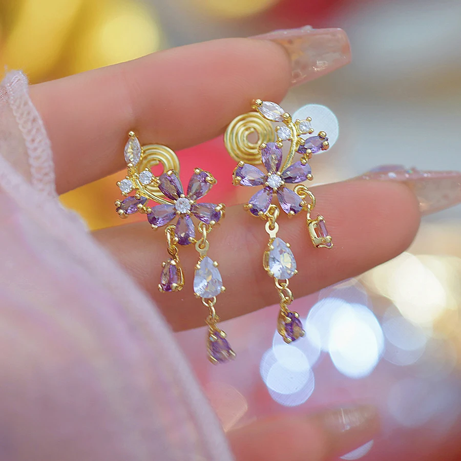 New Elegant Purple Zircon Flower Mosquito Coil Earrings for Women Exquisite Luxury Pendant Earrings Birthday Party Jewelry Gifts