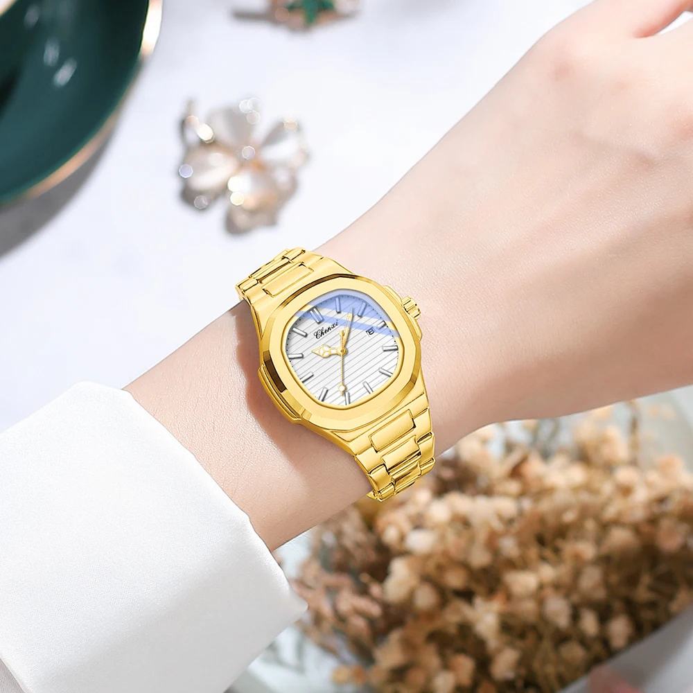 CHENXI Quartz Men Women Watches Golden Simple Steel Strip Couple Watch Night Light Waterproof Calendar Couples Wristwatches