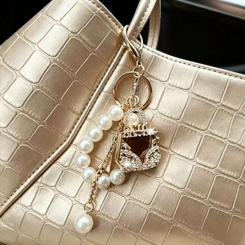 Luxuriöser Zirkon-Besetzter Perlen-Schlüsselanhänger, Eleganter Taschenanhänger, Kratzfester Schlüsselring für Damen-Party-Taschen-Dekoration – Detail 3