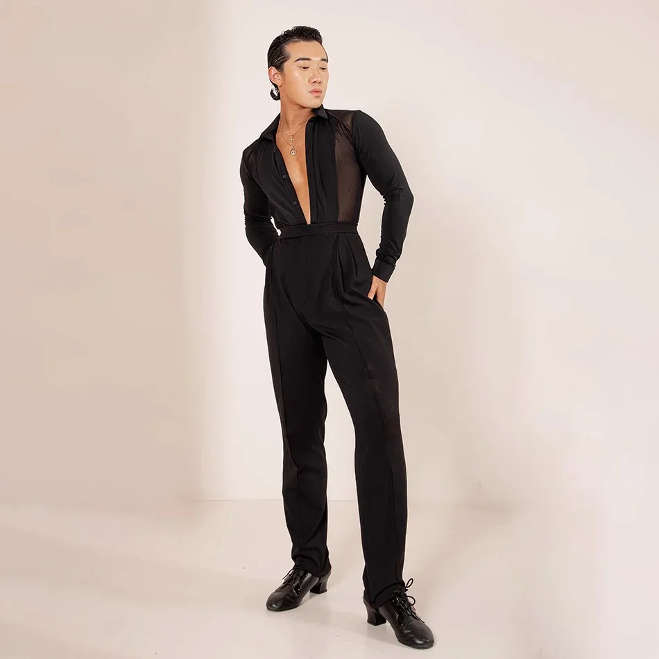 긴 소매와 단추 디자인 탑 남성 라틴 댄스 천 남성용 볼룸 댄스 삼바 룸바 무대 공연 댄스웨어