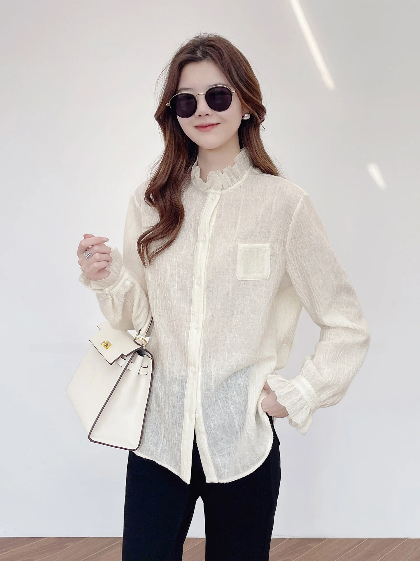 

Элегантная шерстяная блузка с кружевной отделкой, воротником-стойкой и вертикальными полосками, женский топ, модный, женственный, новый, коллекция 2026 года