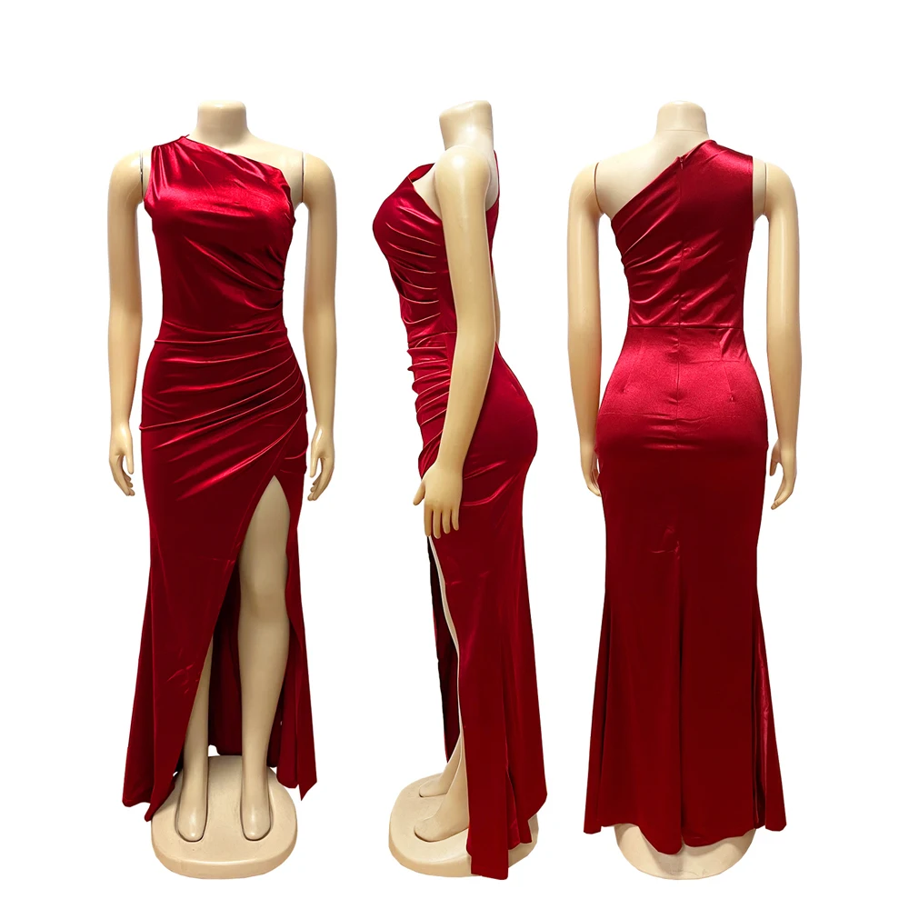 Elegantes Brautjungfernkleid, One-Shoulder-Satin-Abendkleid, gerafftes, hochgeschlitztes Meerjungfrauen-Maxikleid für Damen, Hochzeitsgast, Abschlussball, Party – Detail 9