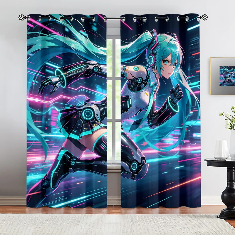 2Pcs Hatsune Miku Cyberpunk Mechanical Blackout Curtains Anime Speed Run Window Drapes Fans Room Kids Room Teens Room Decor Gift