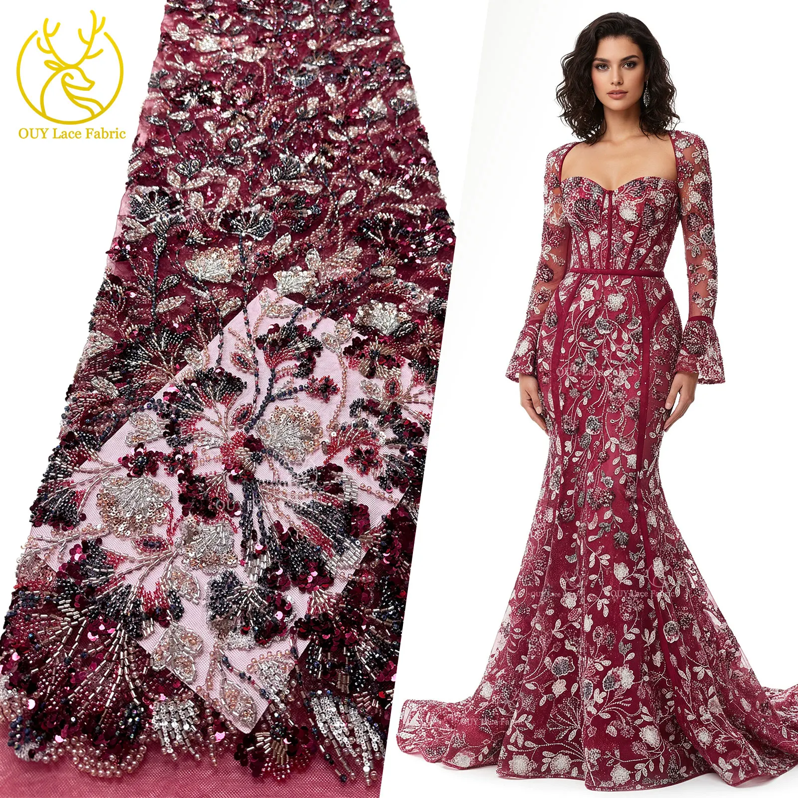 

Роскошная африканская тяжелая кружевная ткань с бисером, 2026, высококачественная нигерийская тюль, расшитая блестками кружевная ткань, свадебное платье, ткань Haute Couture