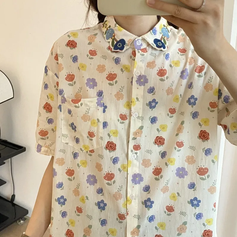 Hong Kong Style Floral Short Sleeve Shirt for Women, New Designer Fashion, Loose Half Sleeved Tops, Female Blouse for Girls S062