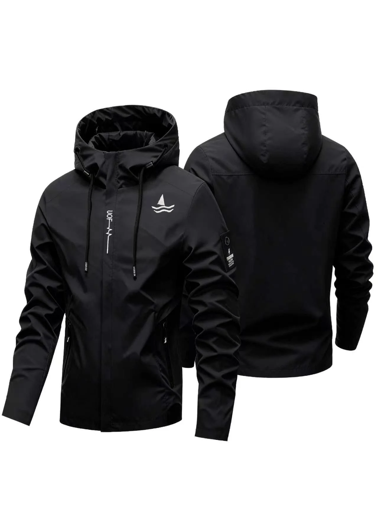 026 New Men's Embroidered Yacht Wave Hooded Jacket - Outdoor Windproof Coat with Zipper Design - Casual Street Style