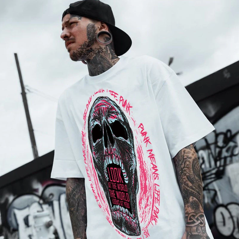 Europe and The United States High Street Gothic Dark Retro Trend Ins Male Skeleton Rock Printed T-shirt Cotton Loose Size