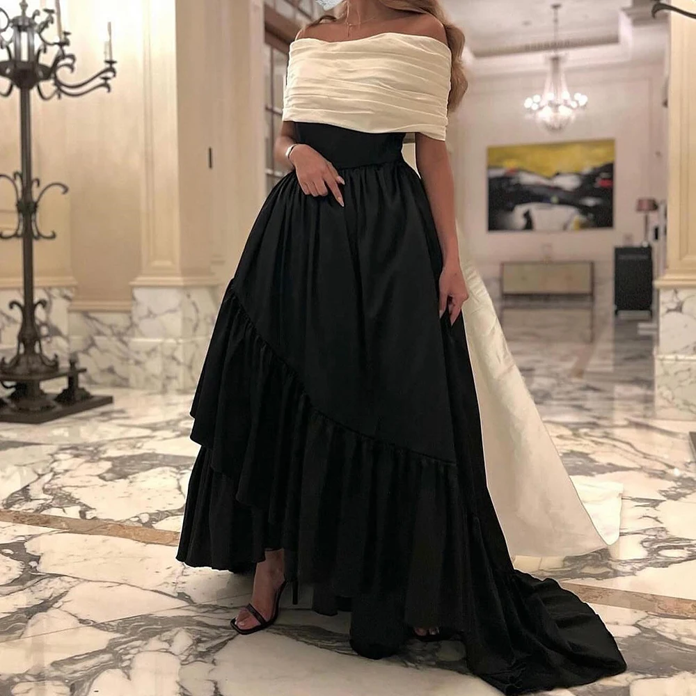 

Customized Temperament Pleat Contrast Color Boat Neck Floor Length A-Line Evening Dress Satin Court Train Vestidos Para Mujer