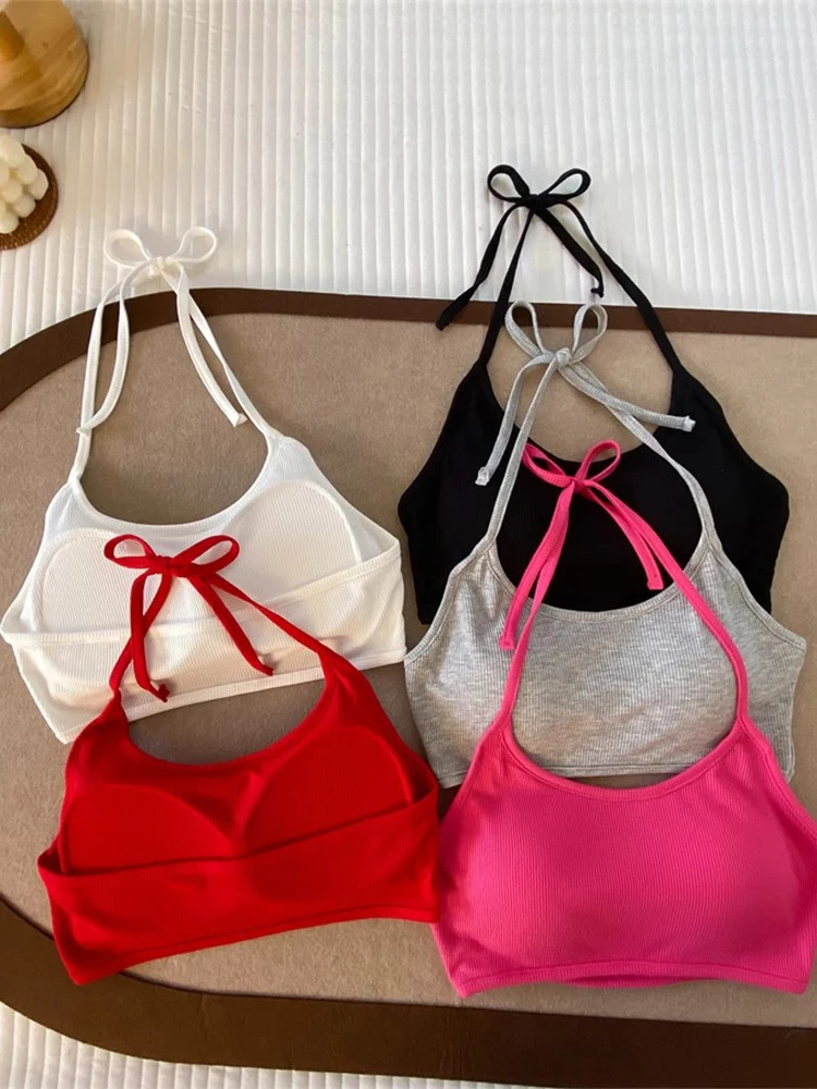 Sexy Tie-Back Strap Vest Top Women's Summer Beach Vacation Short Style Inner Wear Outer Wear with Chest Pad Belly Button Bari...