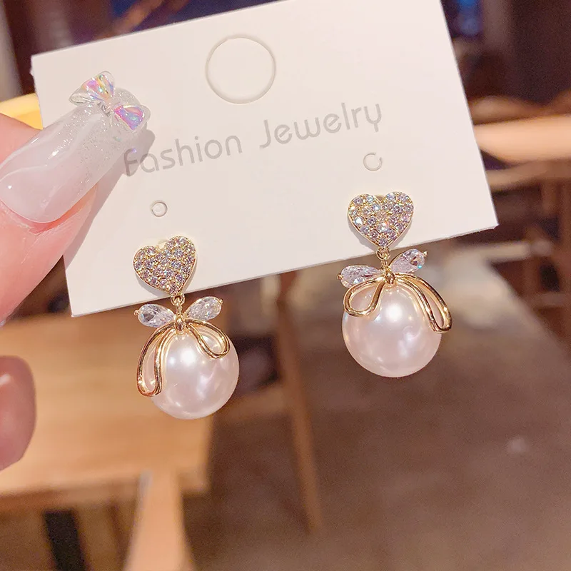 925 Silver Needle Elegant Cute Pearl Heart Crystal Dangle Earrings for Women Jewelry Luxury Zircon Bowknot Drop Earring