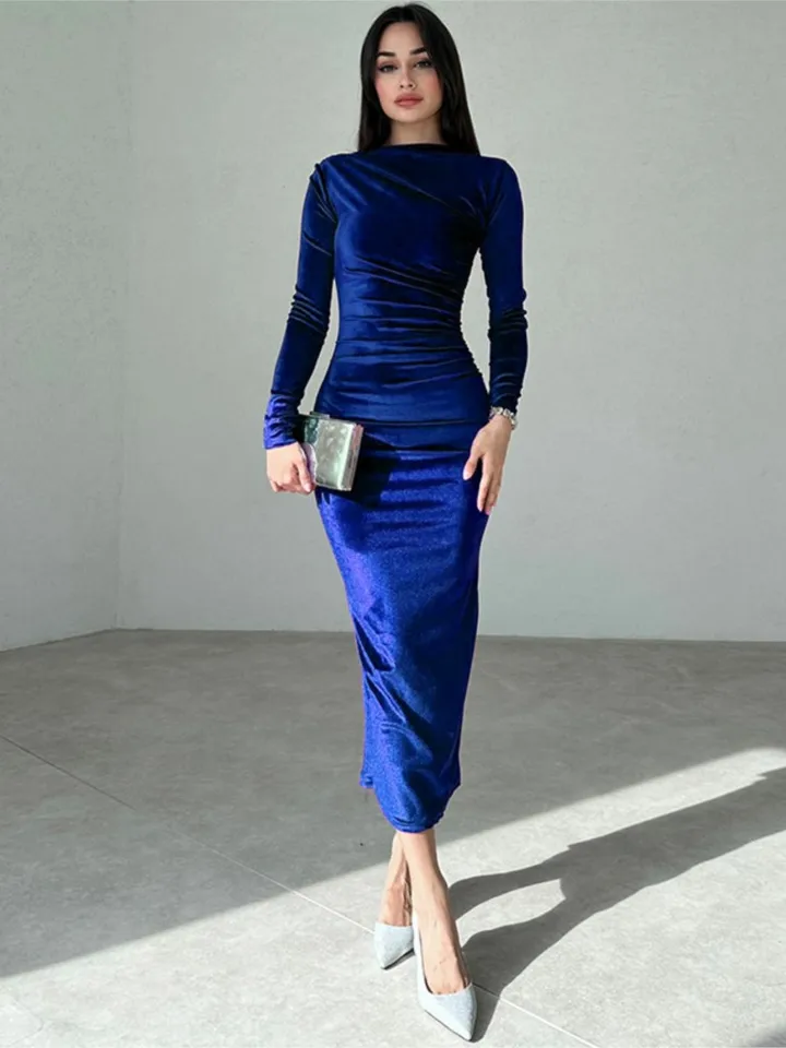 velvet blue bodycon dress Velvet Bodycon Dress in Blue