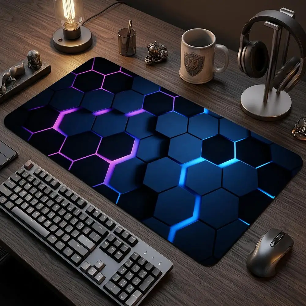 Large Card Gaming Mouse Pad Neon Hexagon TCG Playmat Anti-Slip Rubber Deskmat Office Desk Accessories Stitched Edges Game Mat