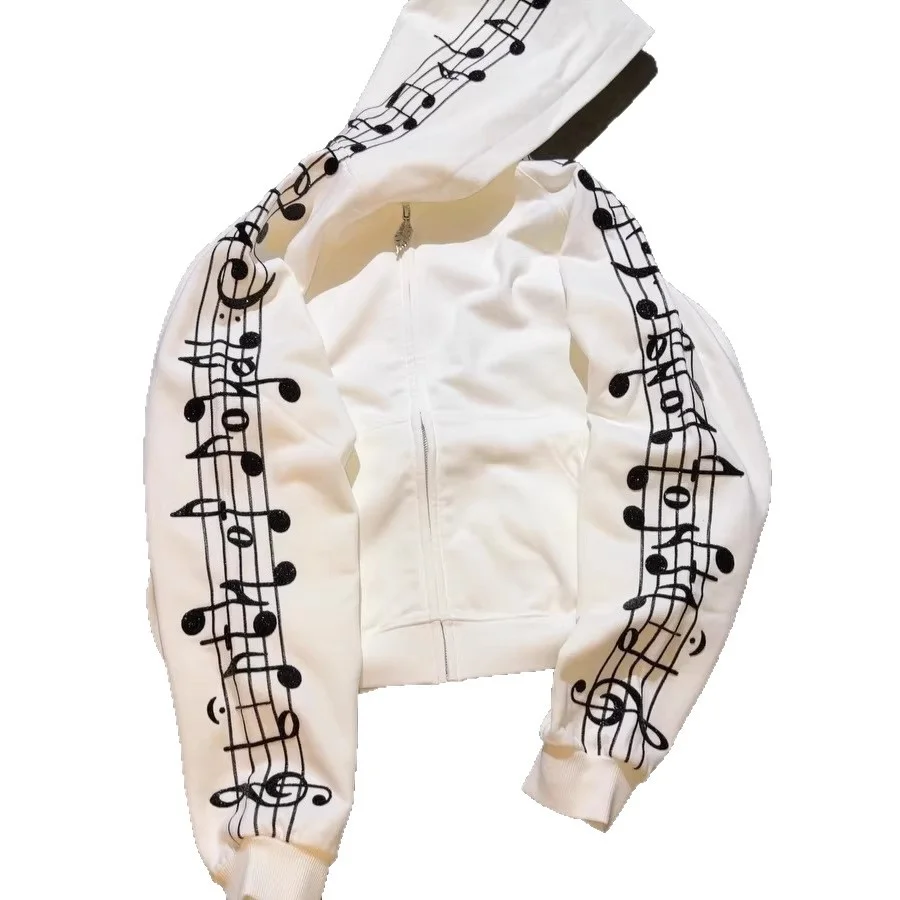 Unisex Retro Y2K White Stand Collar Sport Jacket with Pockets Musical Note Print Sleeve Zip up Casual Streetwear Outerwear