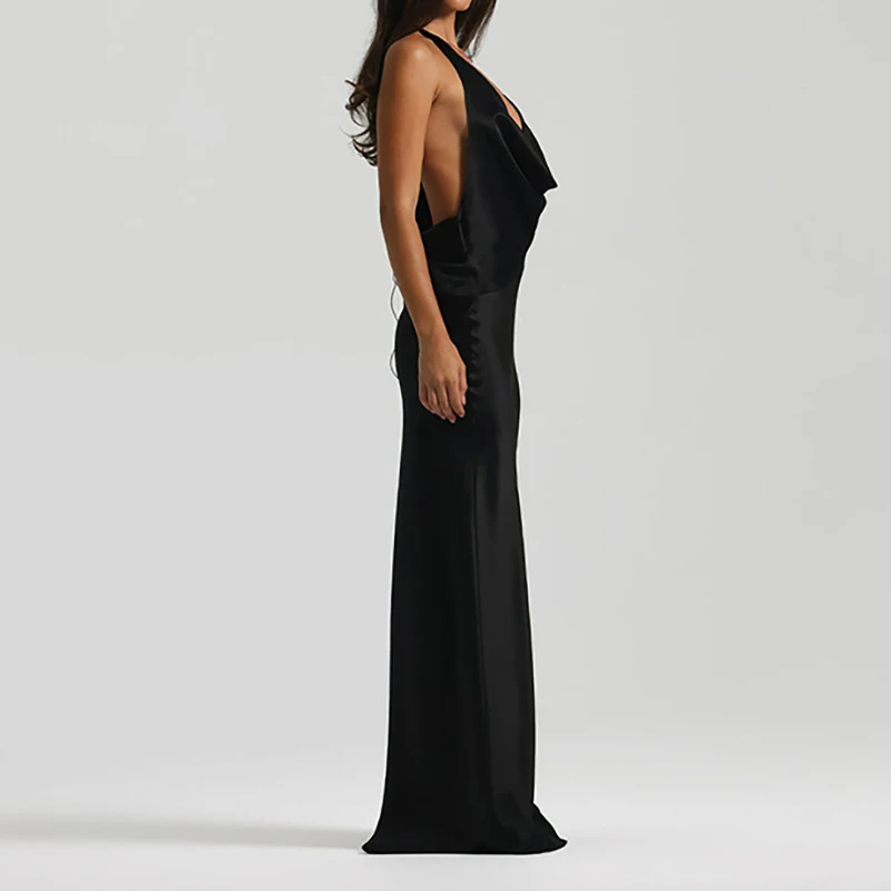 エレガントな女性用バックレスサテンパーティロングドレス、セクシーなスイングカラーのホルターネックイブニングドレス、ファッショナブルなホットガールソリッドカラースリムドレス