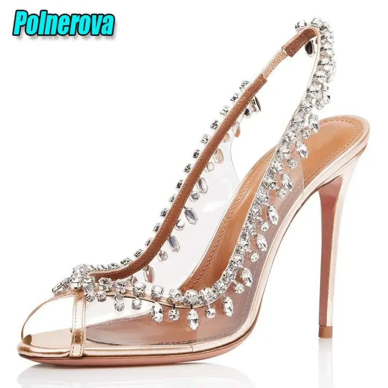 

Pvc Transparent Women Sandals Sexy Peep Toe Rhinestones Tassel Stiletto Pumps Silver Gold Thin High Heels Wedding Dress Shoes