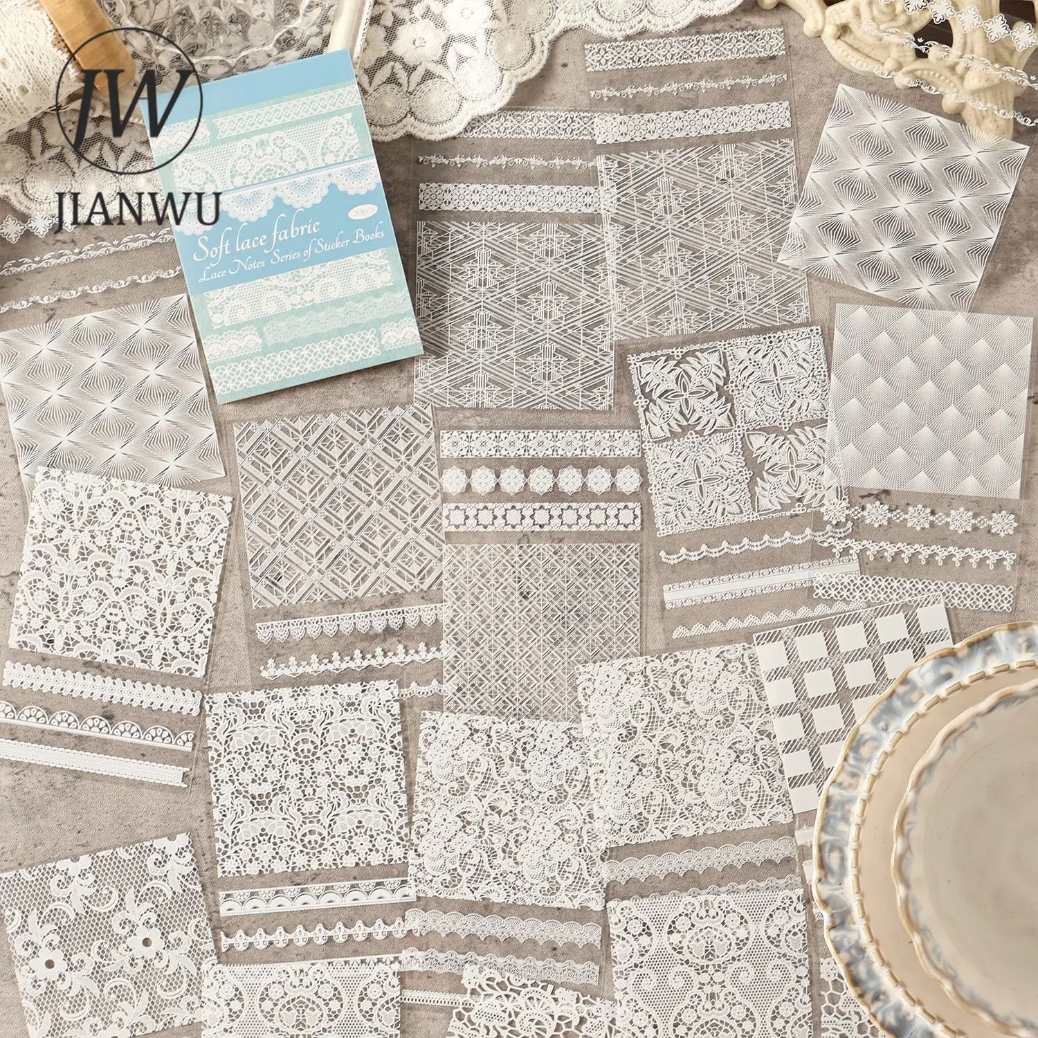 JIANWU Lace Comic Series Vintage Lace Flower Border Landscape Material Collage PET Sticker Book Creative DIY Journal Stationery
