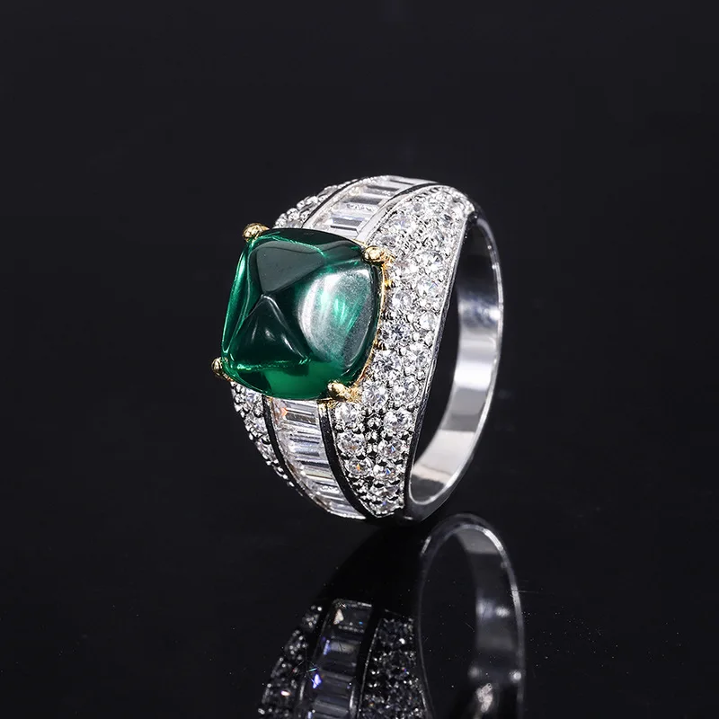 S925 Silver Imitation Colorful Treasure Emerald Blue Treasure Sugar Tower Full Set Ring Main Stone 10 * 10