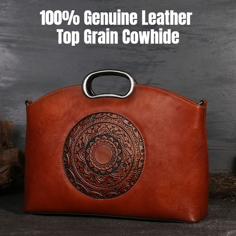 

Tote Bag 100% Genuine Leather for Women, Vintage Handbag Large Capacity Retro Shoulder Bag, Top Grain Cowhide Top Handle Purse