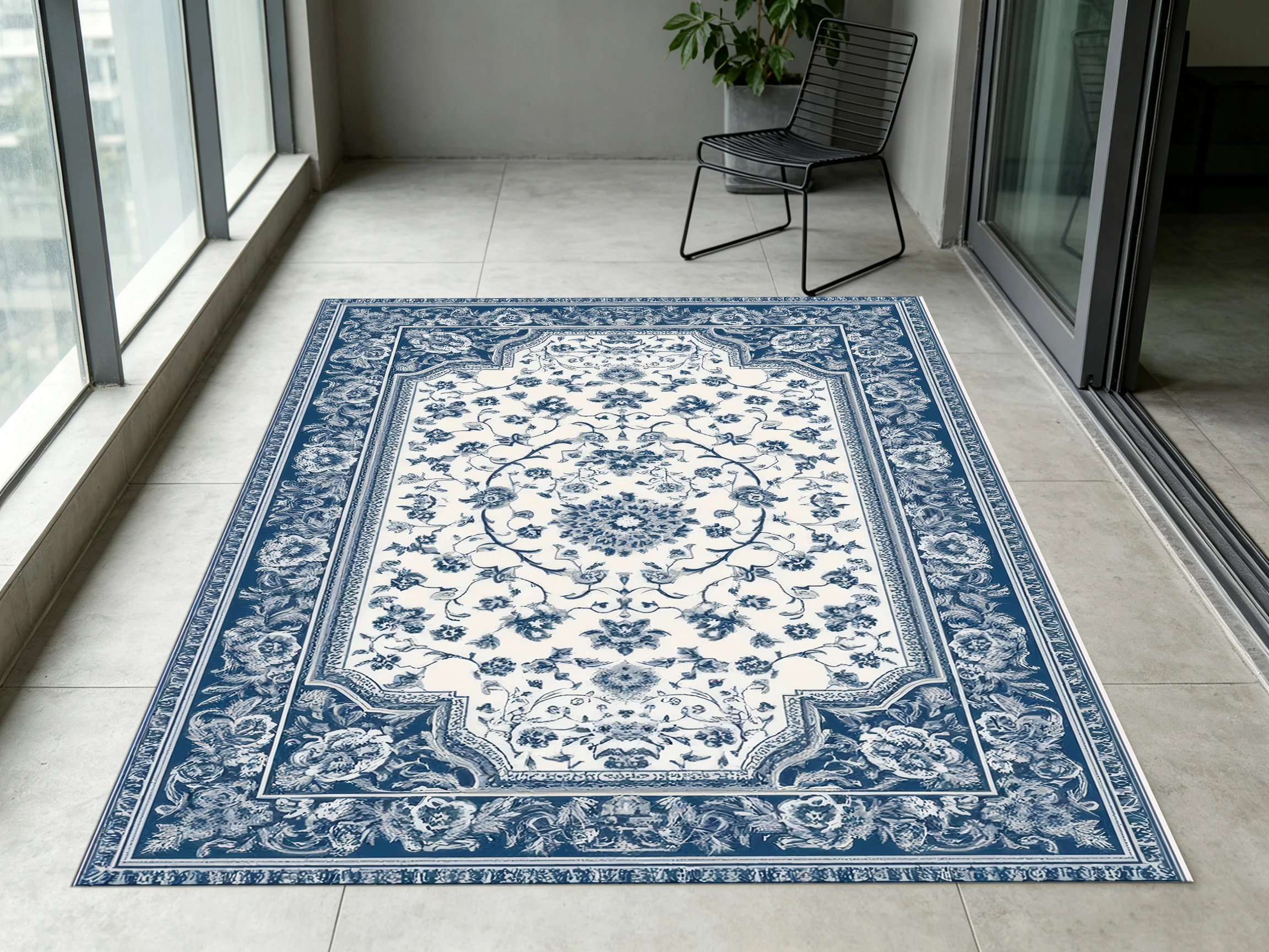 2D Velvet Carpet, 2D Blue and White Vintage Persian Pattern Velvet Carpet, Soft and Skin-Friendly, Suitable for Living Room and Bedroom
