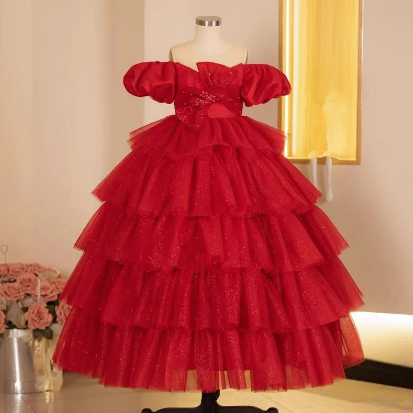 

Girls' Dress 2024 New Red Flower Girl Princess Dress Children's Host Piano Performance Clothes A4014 Vestidos Bridesmaid Dresses