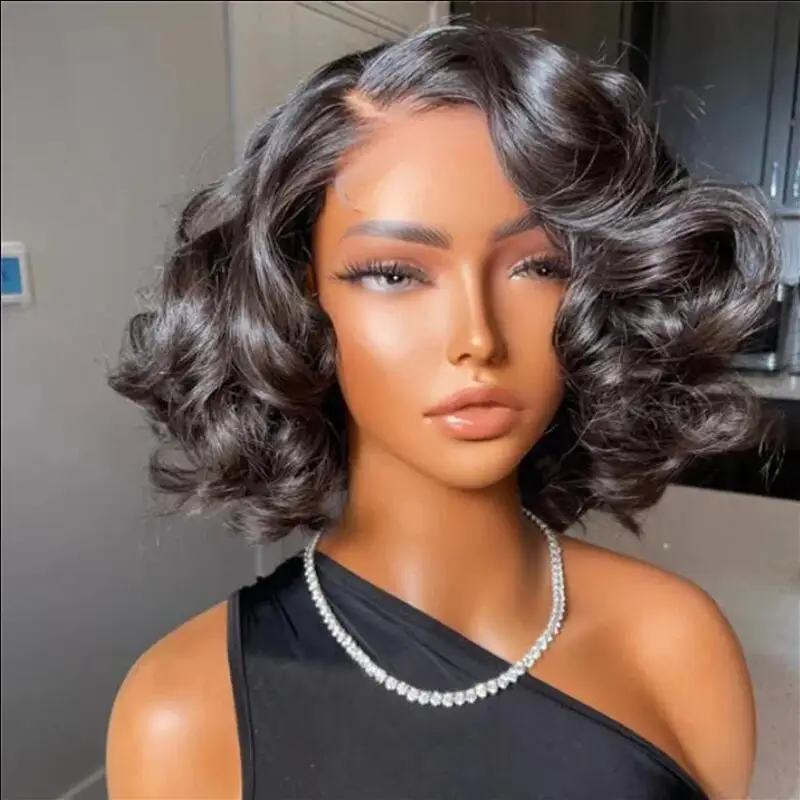 Natural Black Soft Short Bob 180Density Deep Curly Yaki Lace Front Wig For Women BabyHair Heat Resistant Preplucked Glueless Wig