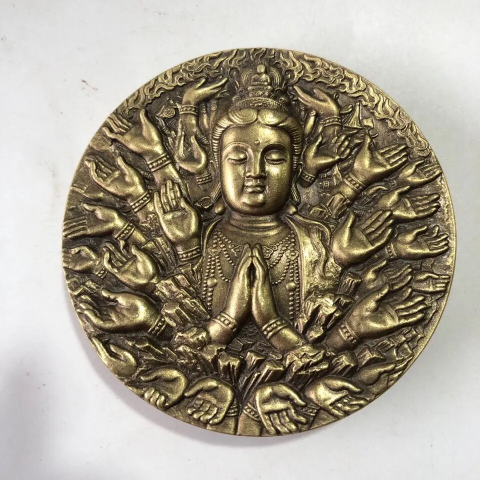 Brass Thousand-Hand Kwan-Yin Commemorative Stamp Embossed Buddha Statue Guanyin on the Throne Bodhisattva Zen Commemorative Coin