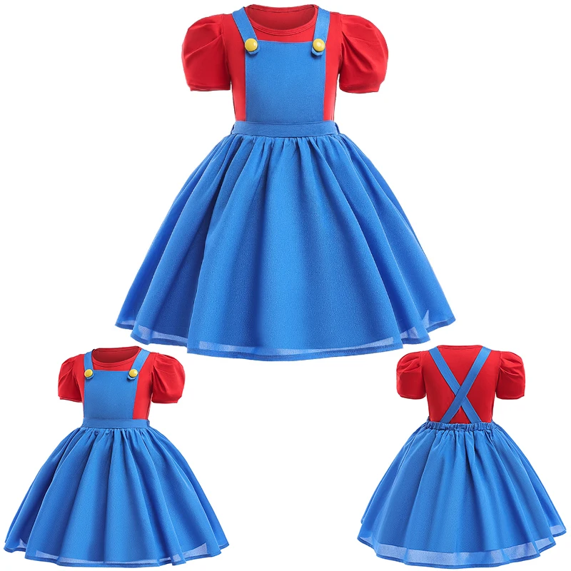 2023 Halloween Cosplay Game Movie Super Bros Princess Peach Dress for Girl Christmas Kids Pageant Luigi Brothers Plumber Costume