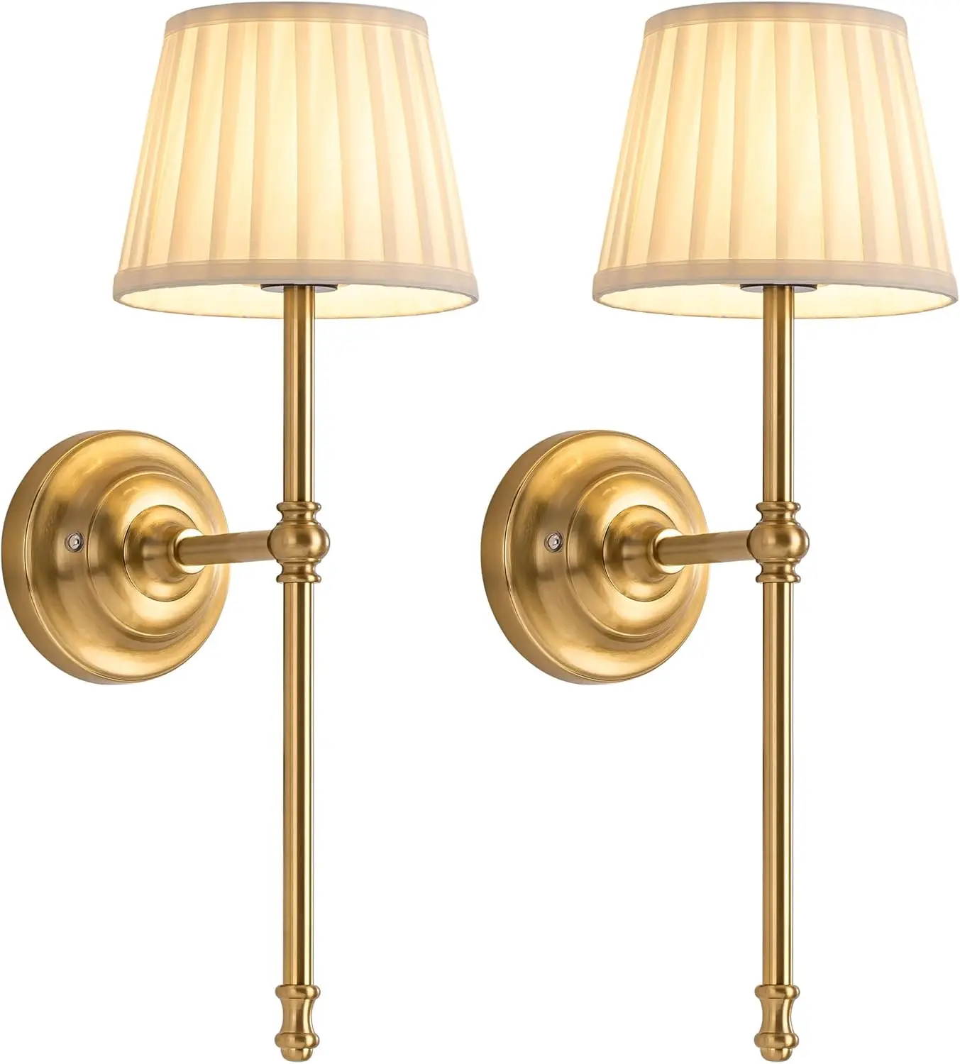 Gold Cordless Wall Sconces Set of 2, Beige Fabric LED Wall Lamps