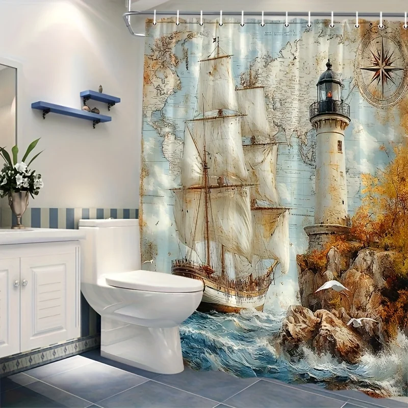 1pc Vintage Nautical Sailing Ship Lighthouse Seagull Graphic Print Shower Curtain - Machine Washable Polyester Fabric with 12 Ho
