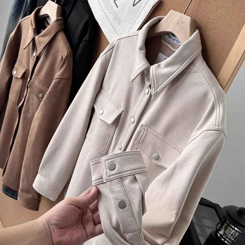 

Faionable Casual Suede Single Button Long Sve irt Jaet Ele Feel Stand Fit Polyester Blend for Middle-Aged Men