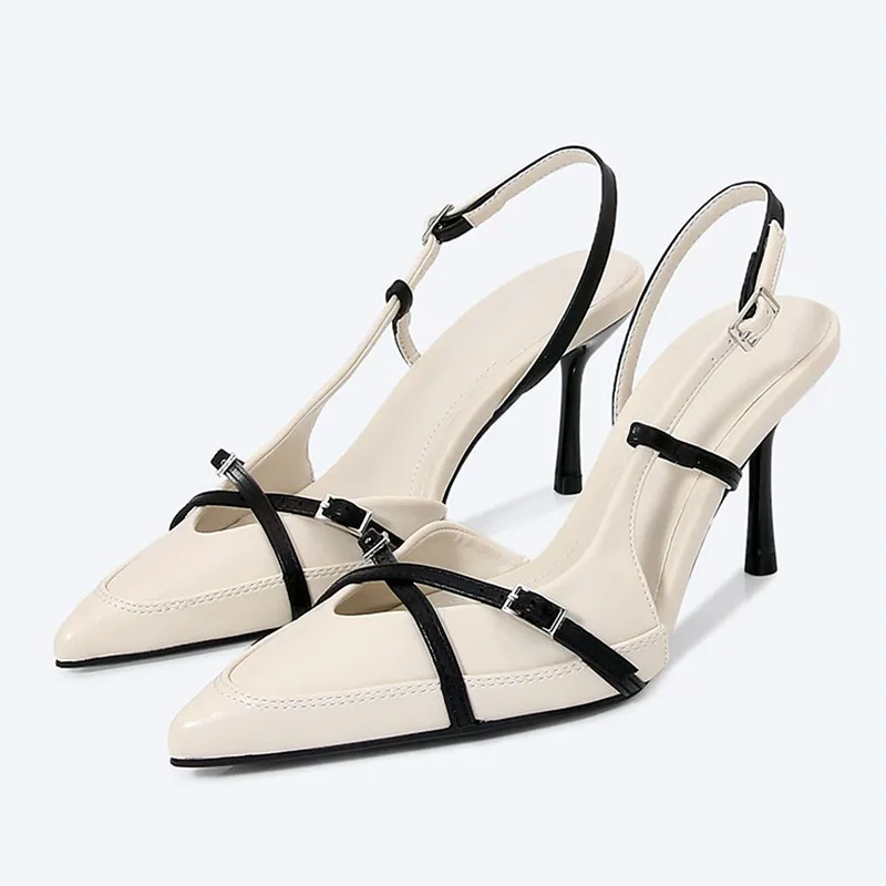 

Original Designer High Heels Women Sexy Pointy Toe Cross Buckle Strap Decoration Heeled Sandals Summer Slingbacks White Pumps