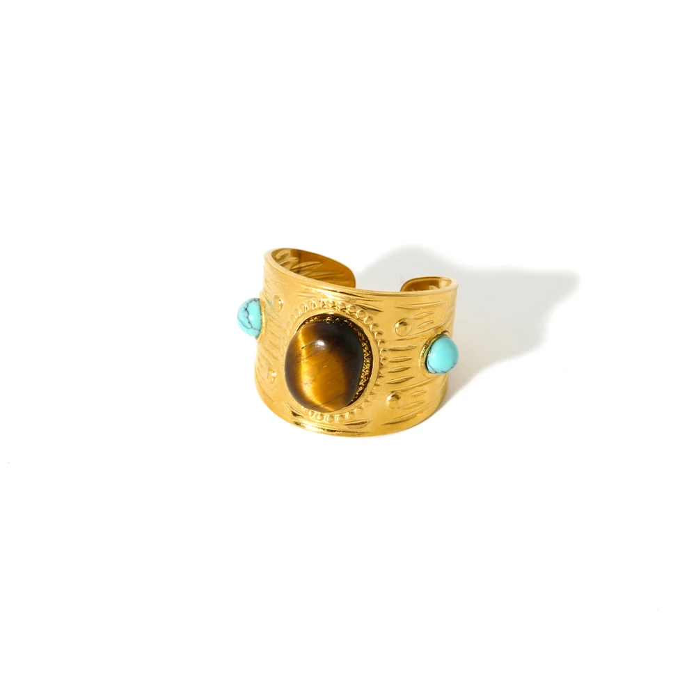 Vintage Naturstein Geometrischer Vergoldeter Edelstahlring Trendiger Modeschmuck – Detail 14