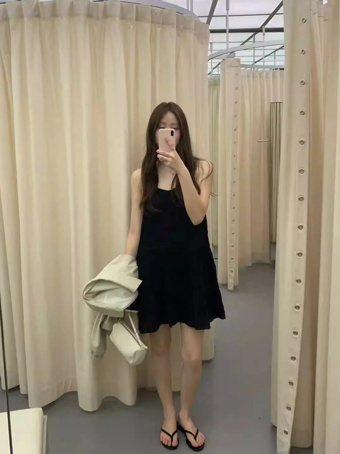 Sweet Anti-aging Pure Color V-neck Drawstring Gathered Waist Sleeveless Women's Dress Halter Dress Korean Style Commute