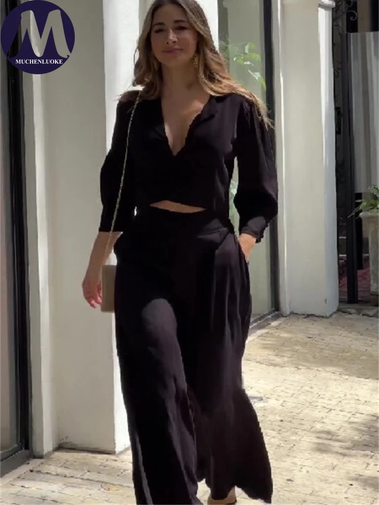 

Женский комплект из 2-х предметов, летние элегантные короткие топы с рукавами девять четвертей и v-образным вырезом, модные повседневные свободные комплекты с широкими брюками