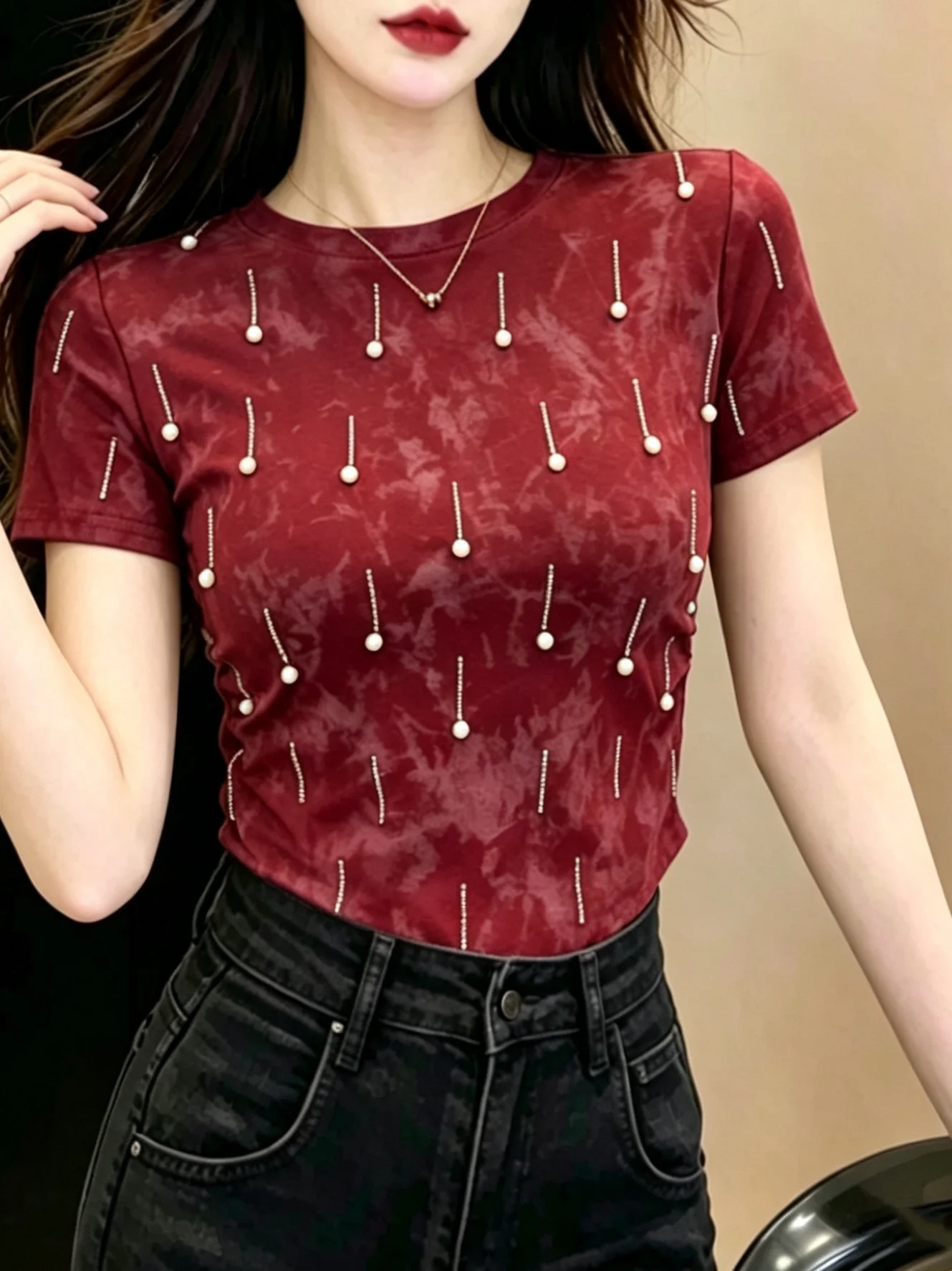 Summer Women's Fashion Heavy Embellished Tie Dye Short Sleeve Slim Fit T-Shirt Casual Style round Neck Top for Ladies