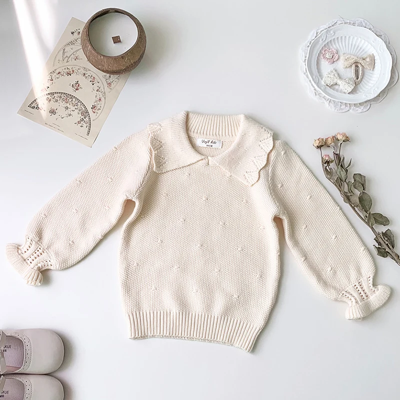 1-7Yrs Kids Knitted Pullover Girls Lantern Sleeve Knit Lace Sweater Ruffle Spring Autumn Baby Clothing Girls Knitted Sweaters