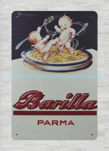 Placa de metal de alumínio para garagem, com publicidade de comida Barilla Parma e pasta.