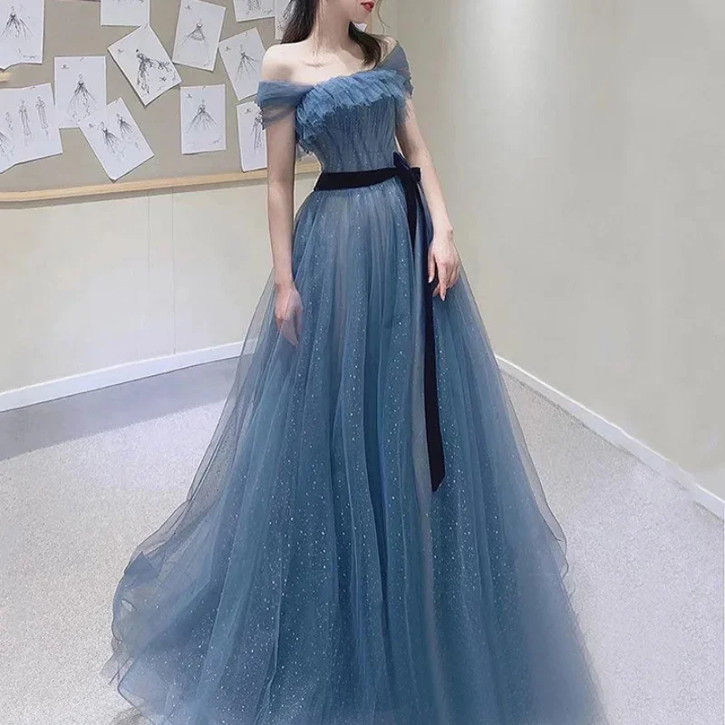 Customized New Greydish Blue Long Evening Dress Sweat Lady Women Princess Bridesmaid Banquet Party Dress Gown Black Lace Slim Wa