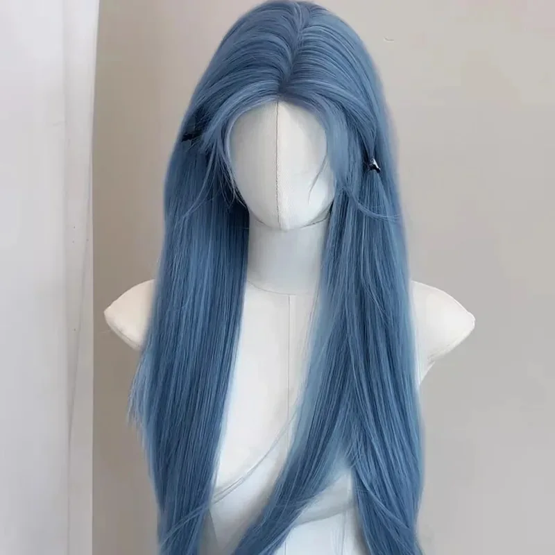 

25COSFog blue long straight hair high quality chemical fiber synthetic wig | simple and generous soft hair breathable headgear